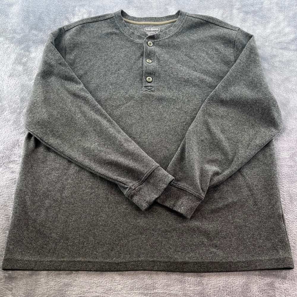 LL Bean Henley Shirt Mens XL Gray Waffle Knit Long Sleeve Traditional Fit Reg